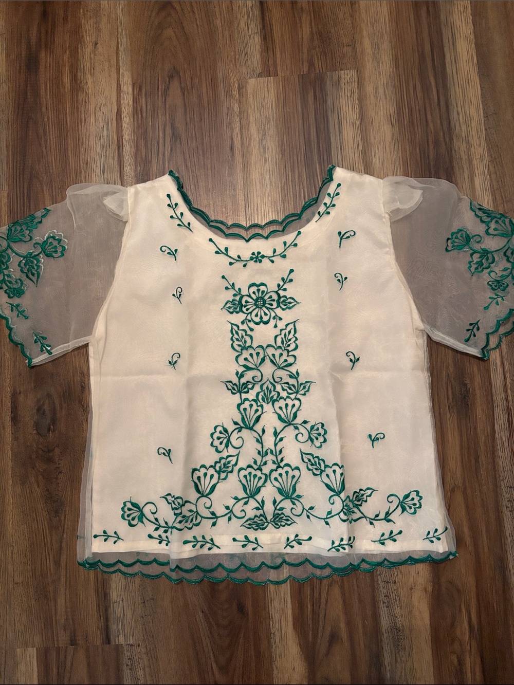 Embroidered White Organza Top with Green Floral Accents